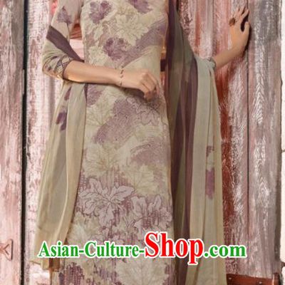 Asian India National Costumes Asia Indian Traditional Printing Leaf Grey Crepe Dress Sari and Loose Pants for Women
