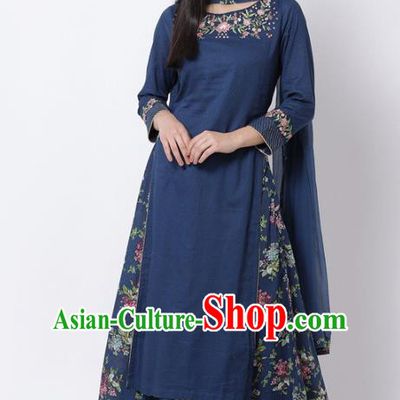 Asian India National Embroidered Costumes Asia Indian Traditional Navy Cotton Dress Sari and Loose Pants for Women