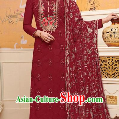 Asian India National Embroidered Punjab Costumes Asia Indian Traditional Maroon Faux Georgette Dress Sari and Loose Pants for Women