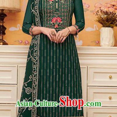 Asian India National Embroidered Punjab Costumes Asia Indian Traditional Green Faux Georgette Dress Sari and Loose Pants for Women