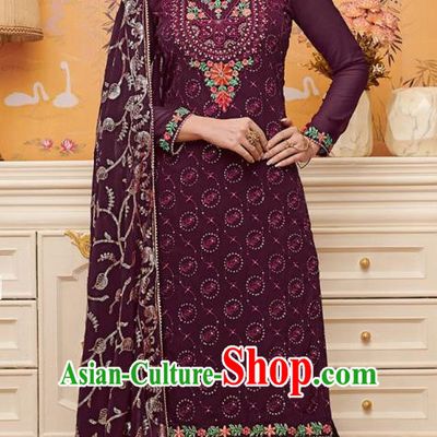 Asian India National Embroidered Punjab Costumes Asia Indian Traditional Purple Faux Georgette Dress Sari and Loose Pants for Women