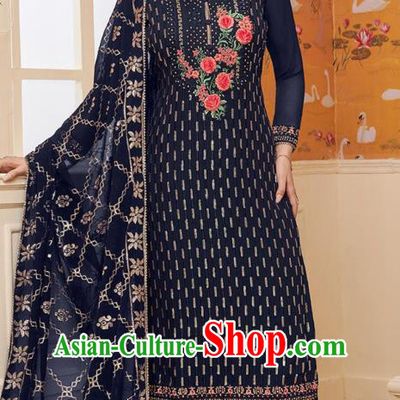 Asian India National Embroidered Punjab Costumes Asia Indian Traditional Navy Blue Faux Georgette Dress Sari and Loose Pants for Women