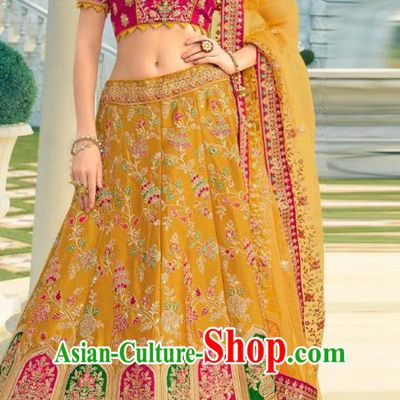 Asian India National Embroidered Lehenga Costumes Asia Indian Bride Traditional Rosy Satin Blouse and Mustard Skirt Sari for Women
