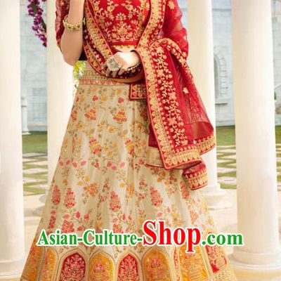 Asian India National Embroidered Lehenga Costumes Asia Indian Bride Traditional Red Satin Blouse and Beige Skirt Sari for Women