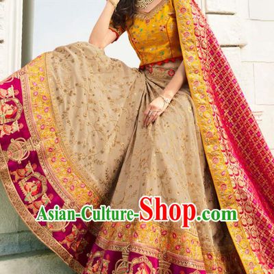 Asian India National Embroidered Lehenga Costumes Asia Indian Bride Traditional Yellow Satin Blouse and Gray Skirt Sari for Women