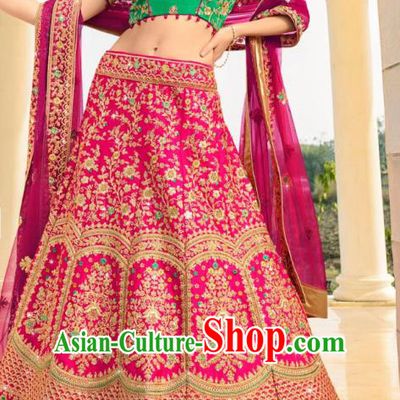 Asian India National Embroidered Lehenga Costumes Asia Indian Bride Traditional Green Satin Blouse and Magenta Skirt Sari for Women