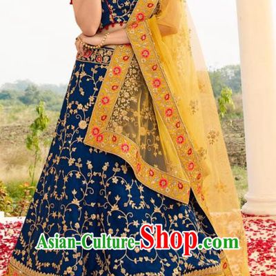 Asian India National Embroidered Lehenga Costumes Asia Indian Bride Traditional Navy Blue Satin Blouse and Skirt Sari for Women