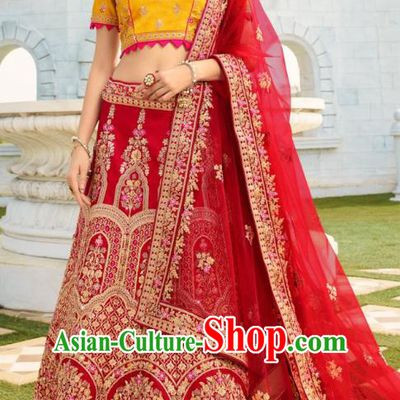 Asian India National Embroidered Lehenga Costumes Asia Indian Bride Traditional Yellow Satin Blouse and Red Skirt Sari for Women