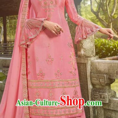 Asian India National Punjab Costumes Asia Indian Traditional Embroidered Peach Pink Dress Sari and Loose Pants for Women