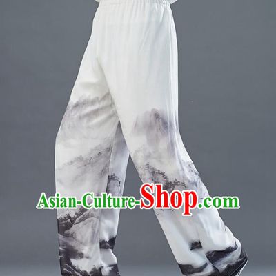 Chinese National Printing White Chiffon Pants Traditional Tang Suit Costume Loose Trousers for Men