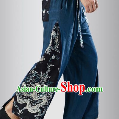 Chinese National Navy Flax Pants Traditional Tang Suit Costume Printing Dragon Linen Loose Trousers for Men