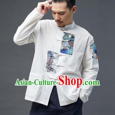 Chinese National Men Linen Shirt Traditional Tang Suit Costume Upper Outer Garment Overshirt