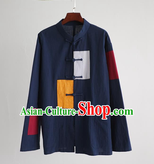 Chinese National Men Navy Linen Shirt Traditional Tang Suit Costume Upper Outer Garment Overshirt