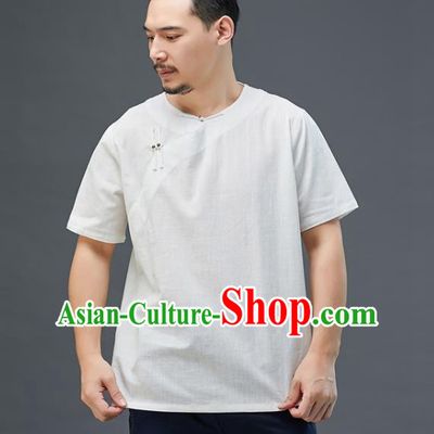 Chinese National White Linen Short Sleeve Shirt Traditional Tang Suit Upper Outer Garment Costume for Men