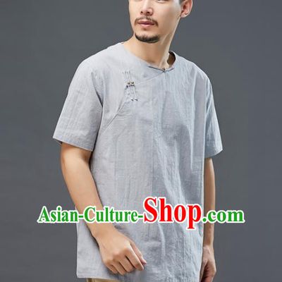 Chinese National Grey Linen Short Sleeve Shirt Traditional Tang Suit Upper Outer Garment Costume for Men