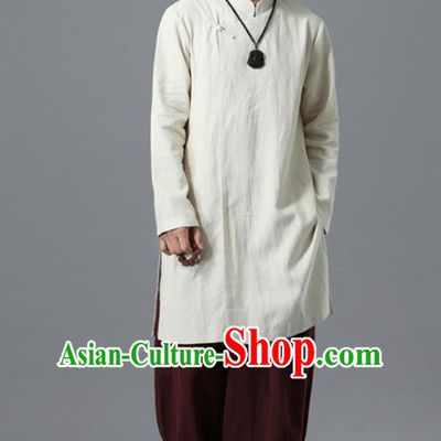Chinese National White Flax Coat Traditional Tang Suit Outer Garment Overcoat Costume for Men