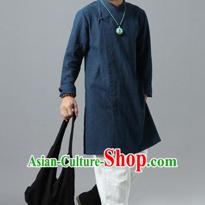 Chinese National Navy Flax Coat Traditional Tang Suit Outer Garment Overcoat Costume for Men