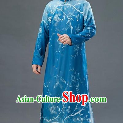 Republic of China National Blue Chiffon Robe Traditional Tang Suit Costume Printing Long Gown for Men