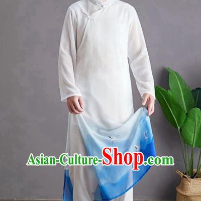 Republic of China National Printing Crane Robe Traditional Tang Suit Costume Comic Dialogue Blue Chiffon Long Gown for Men