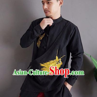 Chinese National Embroidered Black Shirt Traditional Tang Suit Upper Outer Garment Flax Costume for Men