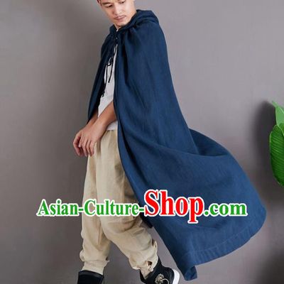 Chinese National Embroidered Dragon Navy Flax Cape Traditional Tang Suit Outer Garment Coat Costume Hooded Cloak for Men