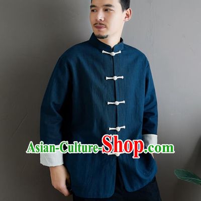 Chinese National Sun Yat Sen Blue Flax Jacket Traditional Tang Suit Outer Garment Coat Costume for Men