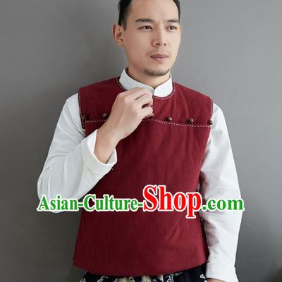 Chinese National Red Ramine Vest Traditional Tang Suit Upper Outer Garment Waistcoat Costume for Men