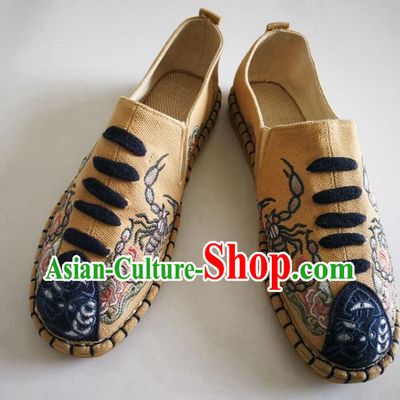 Chinese Traditional National Embroidered Khaki Flax Shoes Martial Arts Shoes Men Shoes Handmade Shoes