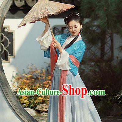 Traditional Chinese Tang Dynasty Village Lady Costumes Ancient Young Female Hanfu Dress  Half Sleeved Garment Blouse and Skirt Complete Set