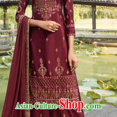 Asian India National Punjab Costumes Asia Indian Traditional Embroidered Wine Red Dress Sari and Loose Pants for Women