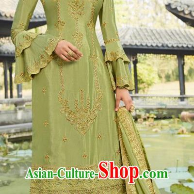 Asian India National Punjab Costumes Asia Indian Traditional Embroidered Olive Green Dress Sari and Loose Pants for Women