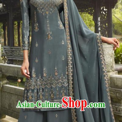 Asian India National Punjab Costumes Asia Indian Traditional Embroidered Gray Blue Dress Sari and Loose Pants for Women