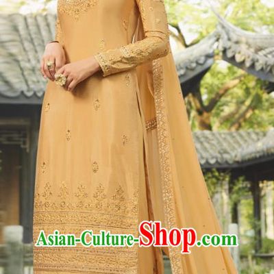 Asian India National Punjab Costumes Asia Indian Traditional Embroidered Apricot Dress Sari and Loose Pants for Women