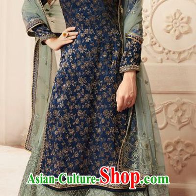 Asian India National Punjab Costumes Asia Indian Traditional Embroidered Navy Long Blouse Sari and Green Loose Pants for Women