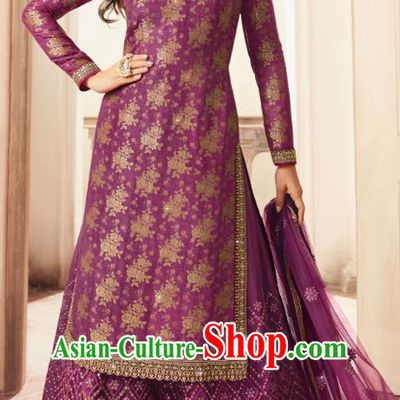 Asian India National Punjab Costumes Asia Indian Traditional Embroidered Purple Long Blouse Sari and Loose Pants for Women