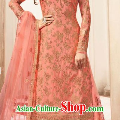 Asian India National Punjab Costumes Asia Indian Traditional Embroidered Peach Pink Long Blouse Sari and Loose Pants for Women
