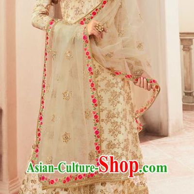 Asian India National Punjab Costumes Asia Indian Traditional Embroidered Beige Long Blouse Sari and Loose Pants for Women