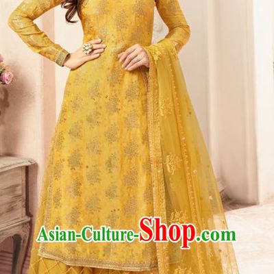 Asian India National Punjab Costumes Asia Indian Traditional Embroidered Yellow Long Blouse Sari and Loose Pants for Women