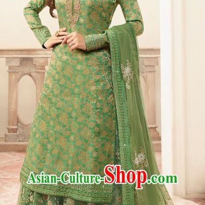 Asian India National Punjab Costumes Asia Indian Traditional Embroidered Green Long Blouse Sari and Loose Pants for Women