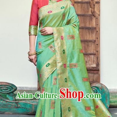 Asian India National Saree Costumes Asia Indian Bride Traditional Rosy Blouse and Green Silk Sari Dress for Women