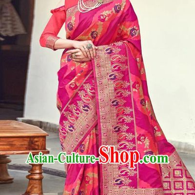 Asian India National Saree Costumes Asia Indian Bride Traditional Magenta Blouse and Rosy Silk Sari Dress for Women