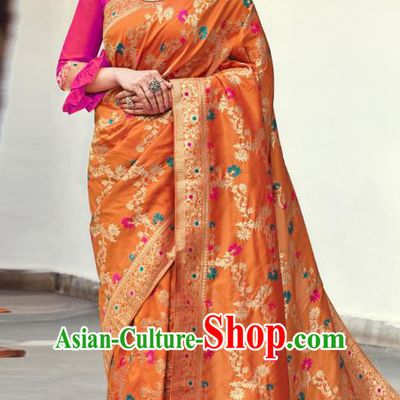 Asian India National Saree Costumes Asia Indian Bride Traditional Magenta Blouse and Orange Silk Sari Dress for Women