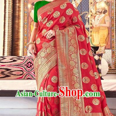 Asian India National Saree Costumes Asia Indian Bride Traditional Green Blouse and Red Silk Sari Dress for Women