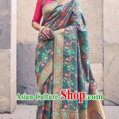 Asian India National Saree Costumes Asia Indian Bride Traditional Rosy Blouse and Grey Silk Sari Dress for Women