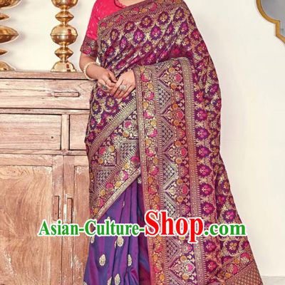 Asian India National Saree Costumes Asia Indian Bride Traditional Rosy Blouse and Purple Silk Sari Dress for Women