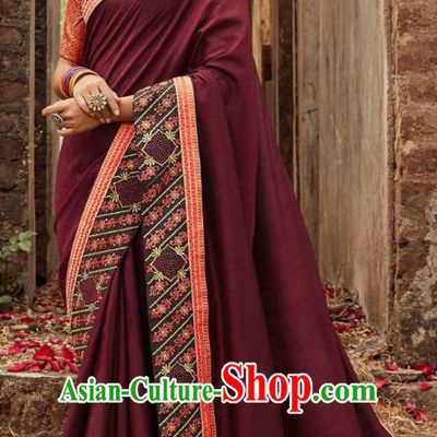 Asian India National Saree Costumes Asia Indian Bride Traditional Blouse and Embroidered Purple Silk Sari Dress for Women