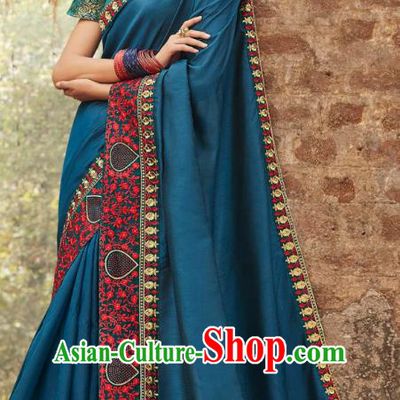 Asian India National Saree Costumes Asia Indian Bride Traditional Blouse and Embroidered Navy Blue Silk Sari Dress for Women
