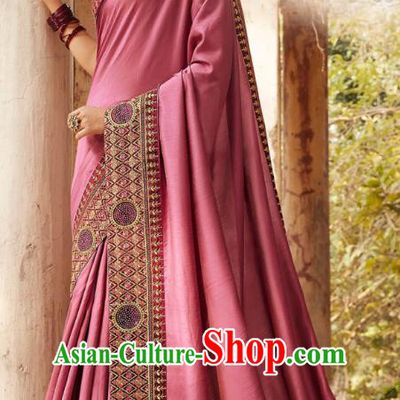 Asian India National Saree Costumes Asia Indian Bride Traditional Blouse and Embroidered Pink Silk Sari Dress for Women