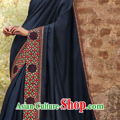 Asian India National Saree Costumes Asia Indian Bride Traditional Blouse and Embroidered Navy Silk Sari Dress for Women