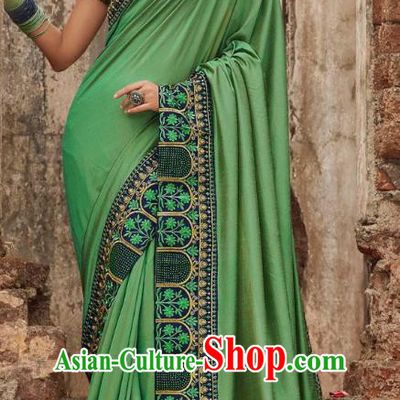 Asian India National Saree Costumes Asia Indian Bride Traditional Blouse and Embroidered Green Silk Sari Dress for Women